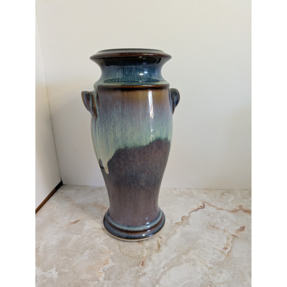 Bill Campbell Art Pottery Vase Two‎ Handles Drip Glaze Brown Blue Home Decor